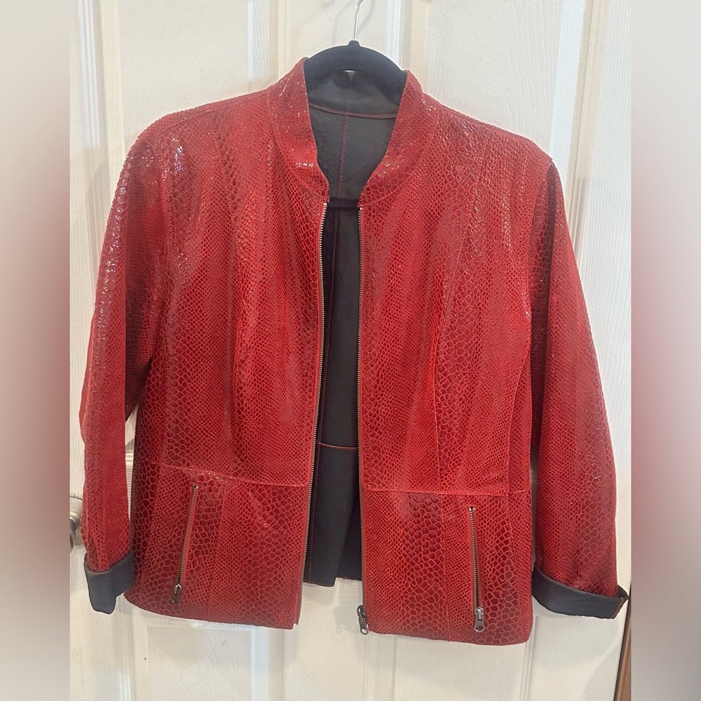 Reversible red & black faux snakeskin jacket